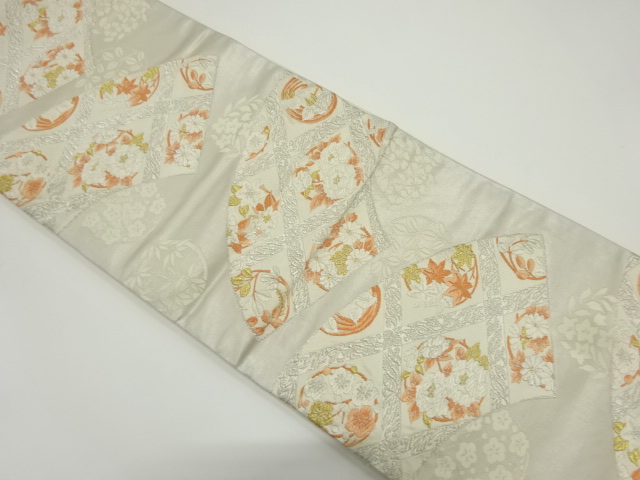 JAPANESE KIMONO / ANTIQUE FUKURO OBI / SILK / WOVEN JIGAMI & FLORAL ROUNDEL CREAT